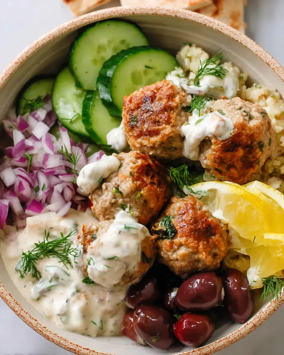 Mediterranean bowl with turkey meatballs, fresh veggies, and a drizzle of creamy dressing.
