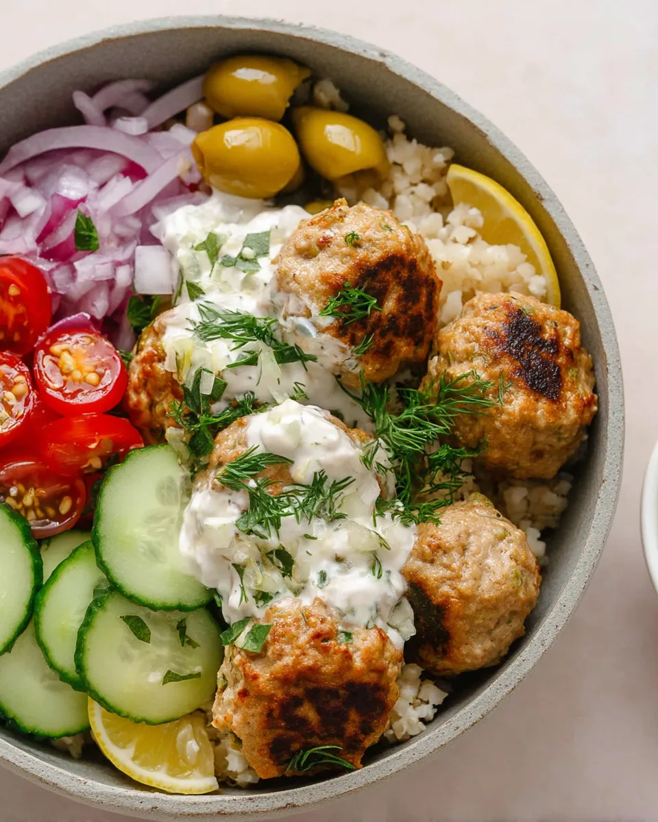 Mediterranean bowl with turkey meatballs, fresh veggies, and a drizzle of creamy dressing.