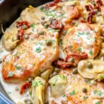 Skillet filled with Mediterranean chicken, cherry tomatoes, olives, and fresh herbs.