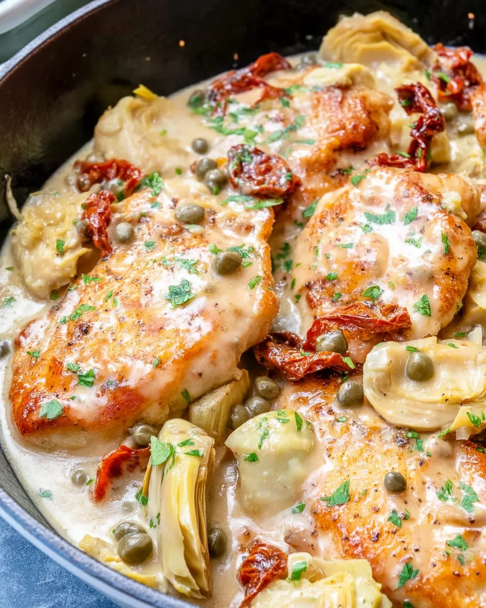 Skillet filled with Mediterranean chicken, cherry tomatoes, olives, and fresh herbs.