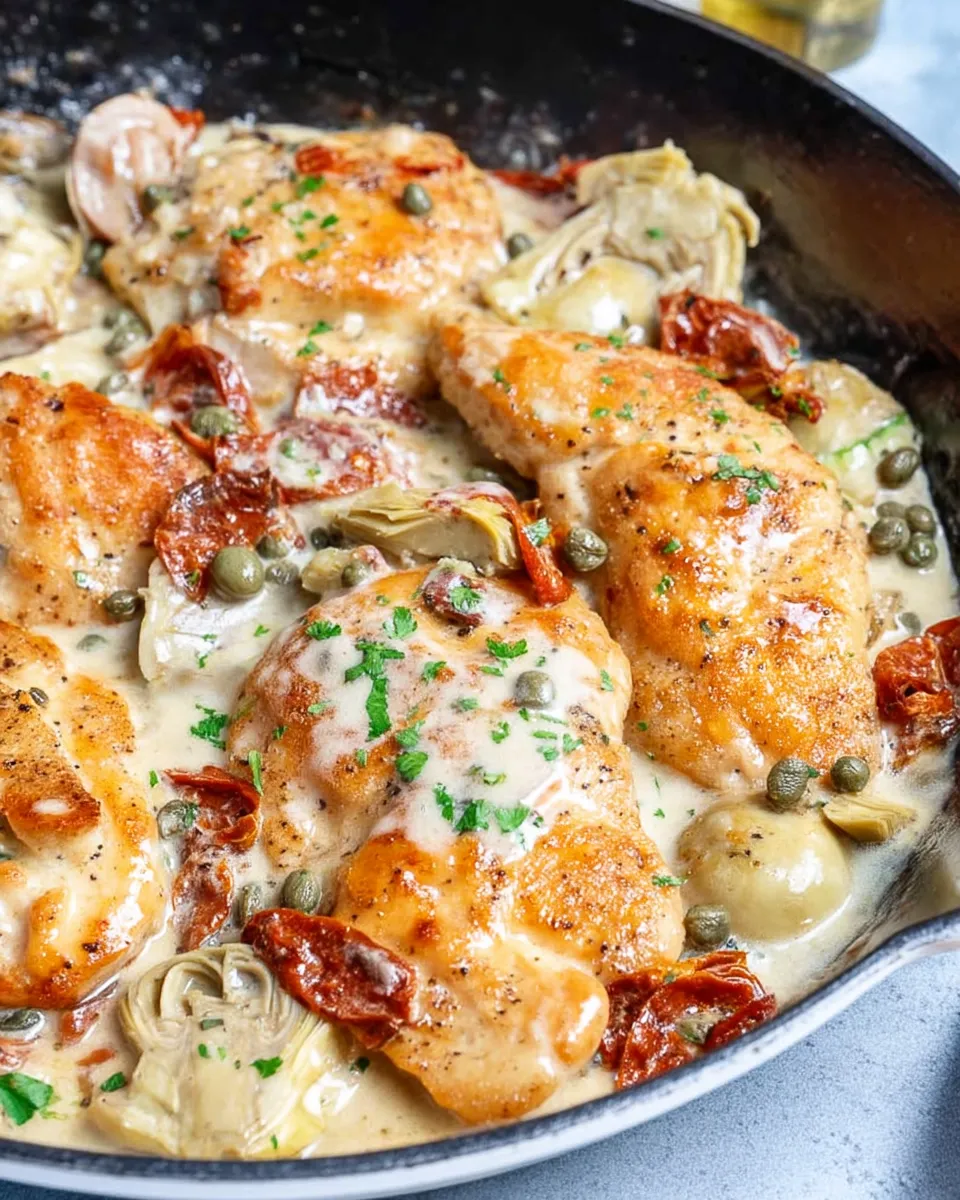 Skillet filled with Mediterranean chicken, cherry tomatoes, olives, and fresh herbs.