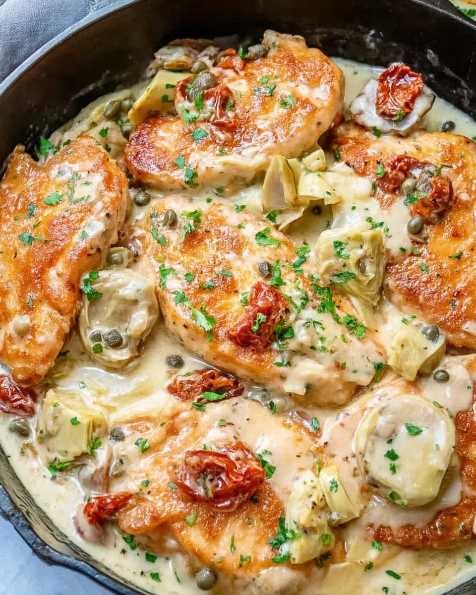Skillet filled with Mediterranean chicken, cherry tomatoes, olives, and fresh herbs.