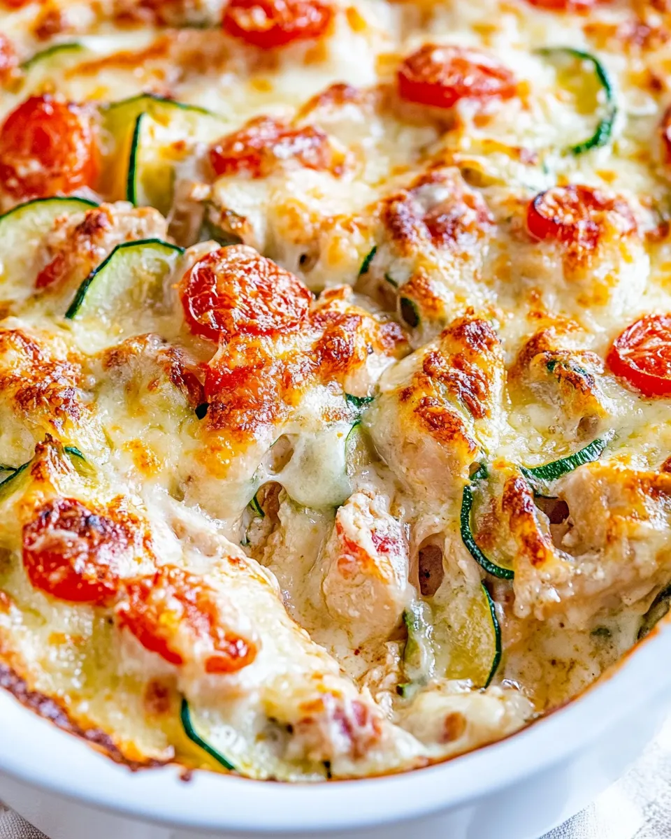 A baked Mediterranean Chicken Zucchini dish with tender chicken, fresh zucchini, tomatoes, and herbs, topped with melted cheese.