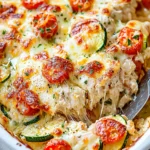 A baked Mediterranean Chicken Zucchini dish with tender chicken, fresh zucchini, tomatoes, and herbs, topped with melted cheese.