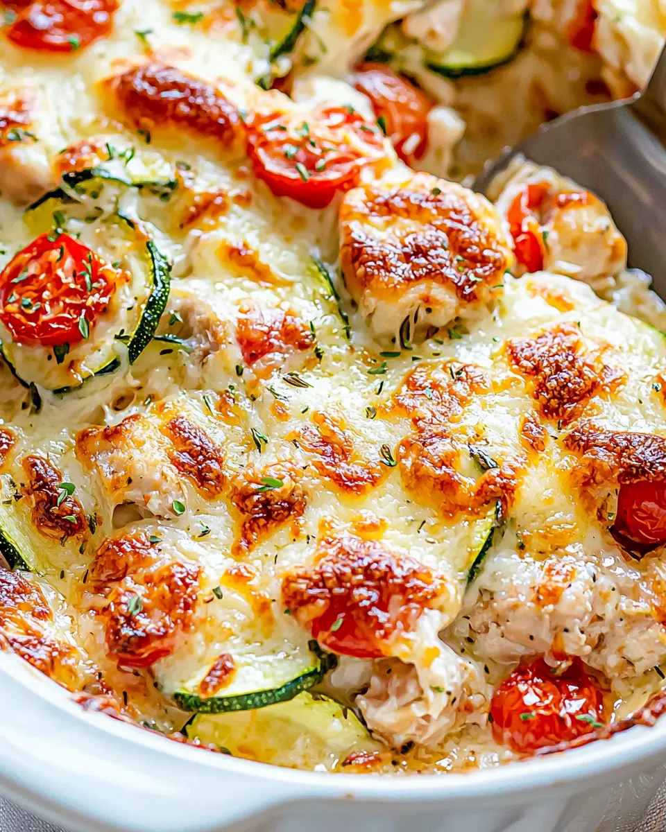 A baked Mediterranean Chicken Zucchini dish with tender chicken, fresh zucchini, tomatoes, and herbs, topped with melted cheese.