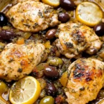 A plate of Mediterranean Chicken with Lemons and Olives, garnished with fresh herbs and served with a flavorful sauce.