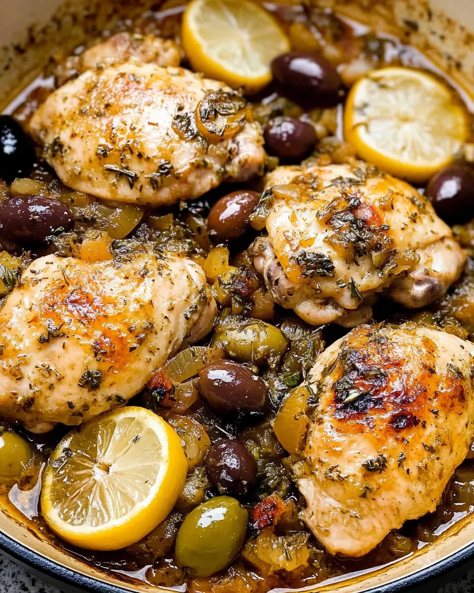 A plate of Mediterranean Chicken with Lemons and Olives, garnished with fresh herbs and served with a flavorful sauce.