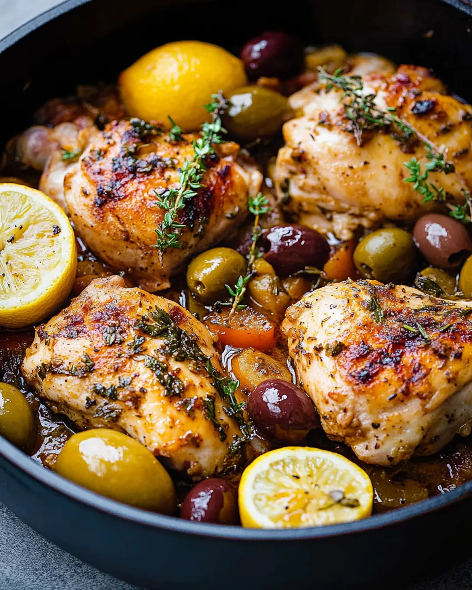 A plate of Mediterranean Chicken with Lemons and Olives, garnished with fresh herbs and served with a flavorful sauce.