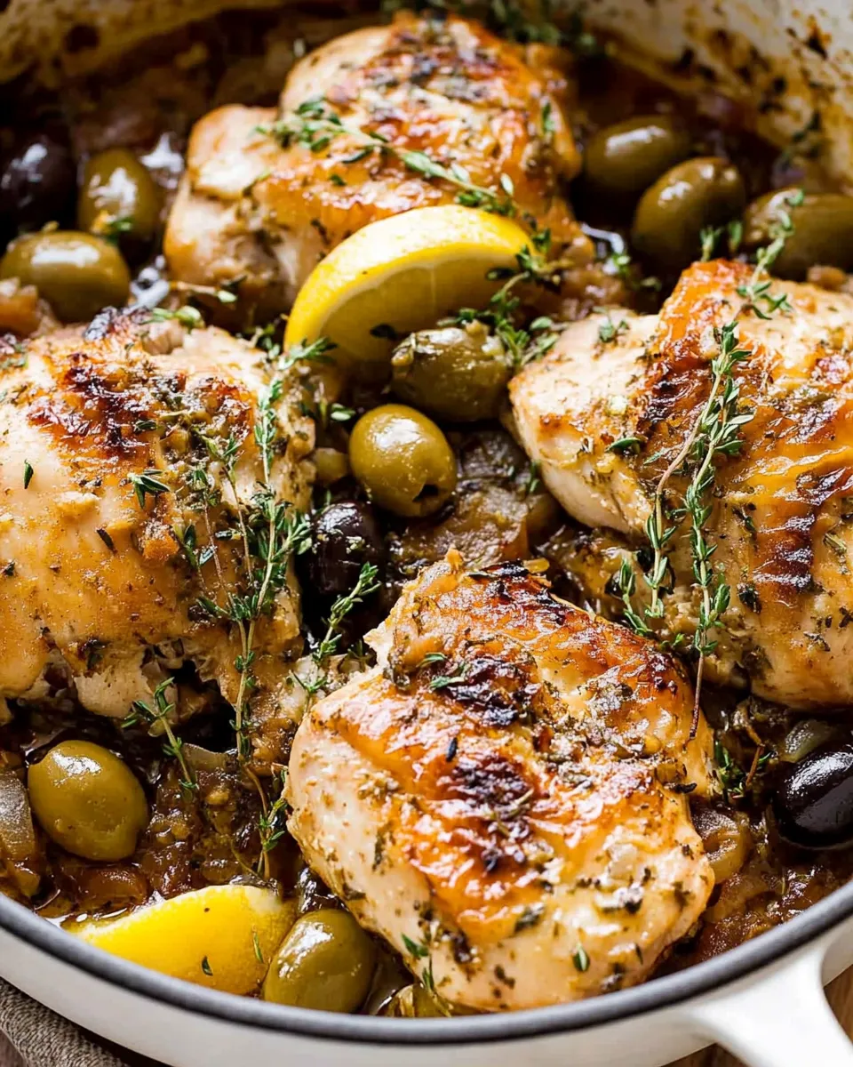 A plate of Mediterranean Chicken with Lemons and Olives, garnished with fresh herbs and served with a flavorful sauce.