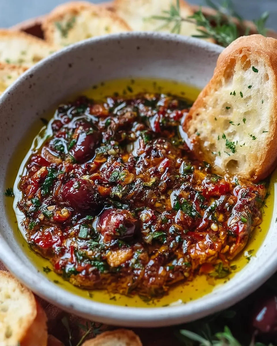 A small bowl of golden Mediterranean olive oil dip with herbs and spices, served with warm crusty bread on a rustic wooden board.