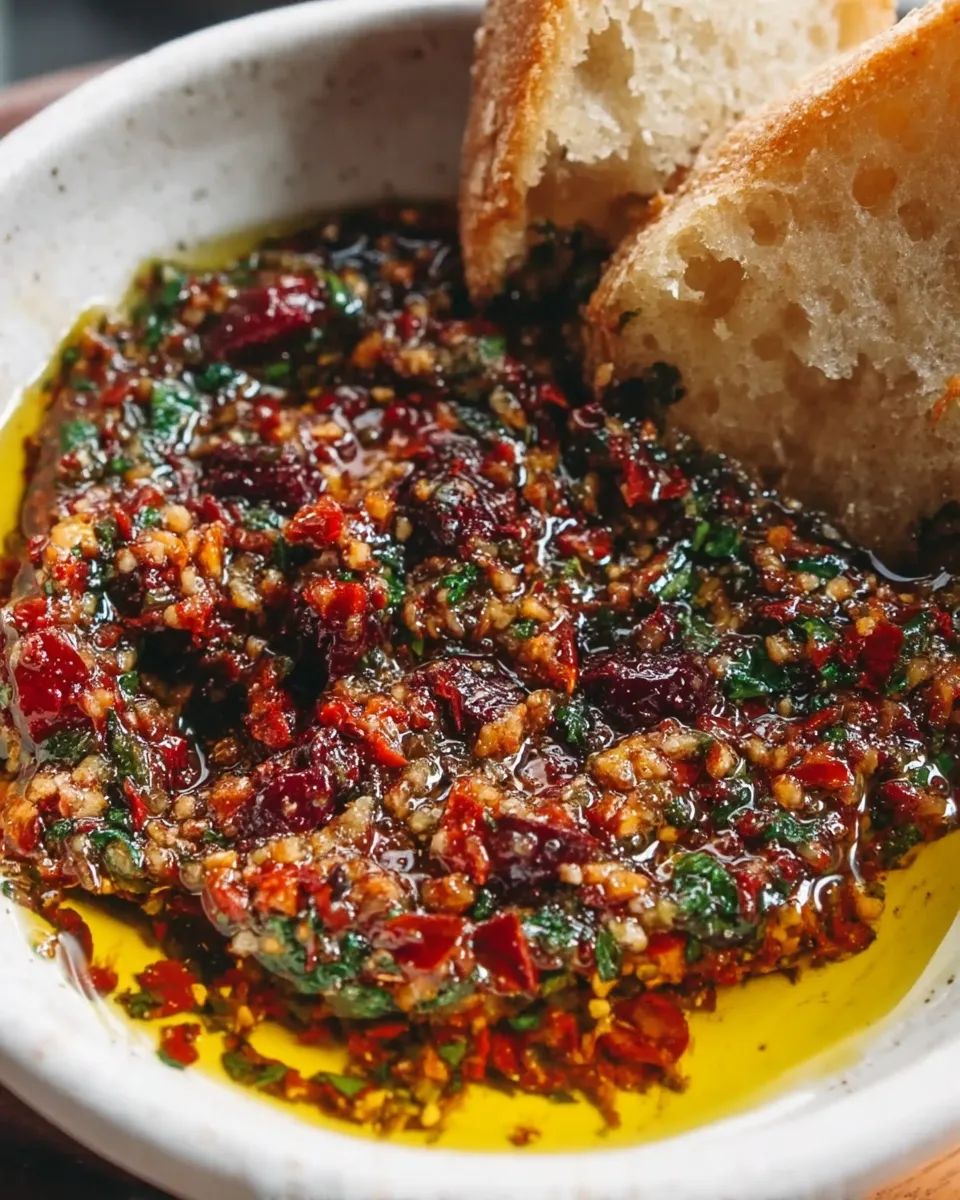 A small bowl of golden Mediterranean olive oil dip with herbs and spices, served with warm crusty bread on a rustic wooden board.