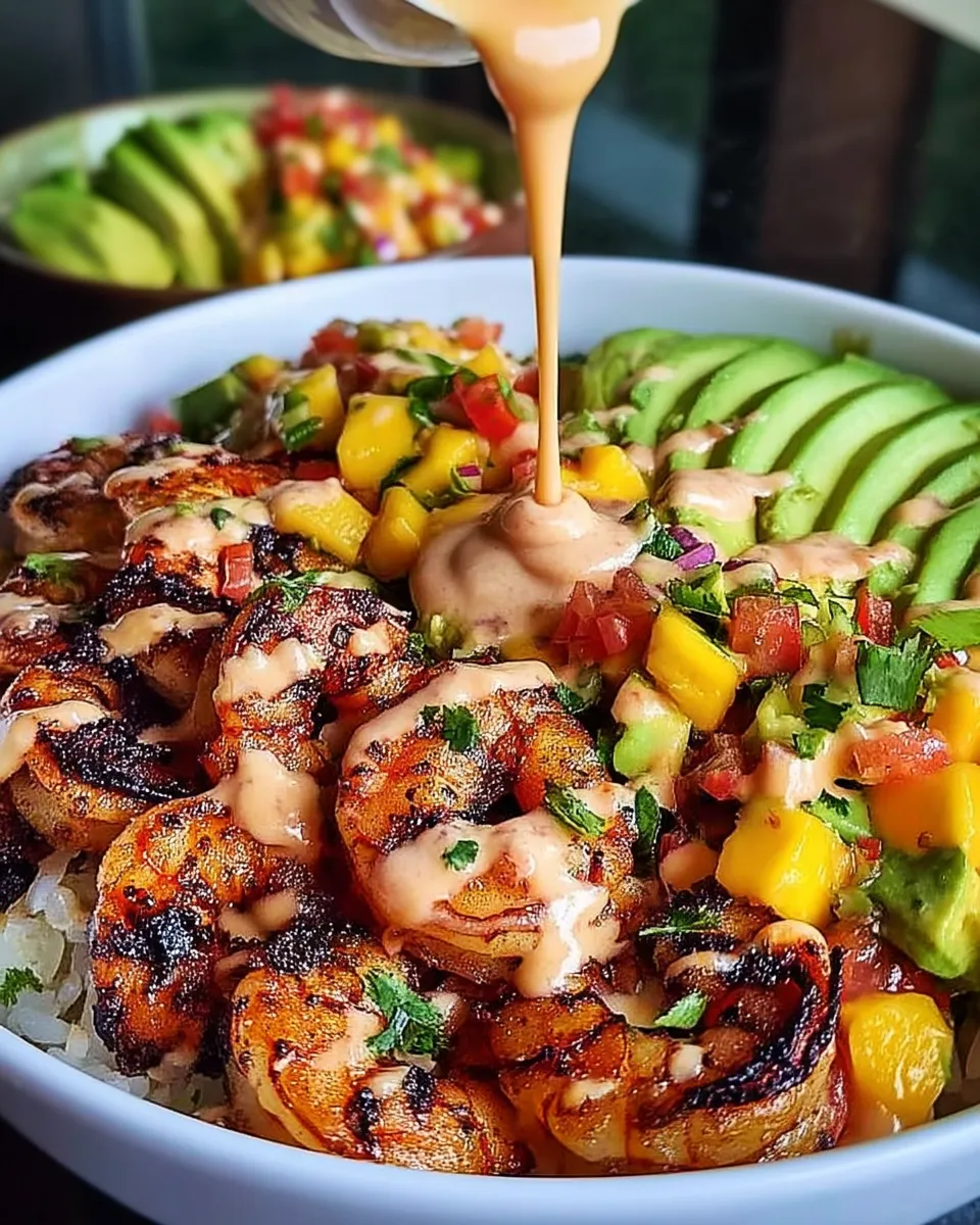 Colorful Mediterranean shrimp and avocado bowls topped with fresh mango salsa and drizzled with zesty lime-chili sauce, served in a white bowl.