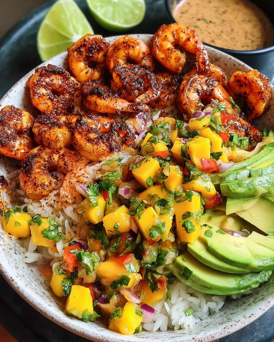 Colorful Mediterranean shrimp and avocado bowls topped with fresh mango salsa and drizzled with zesty lime-chili sauce, served in a white bowl.