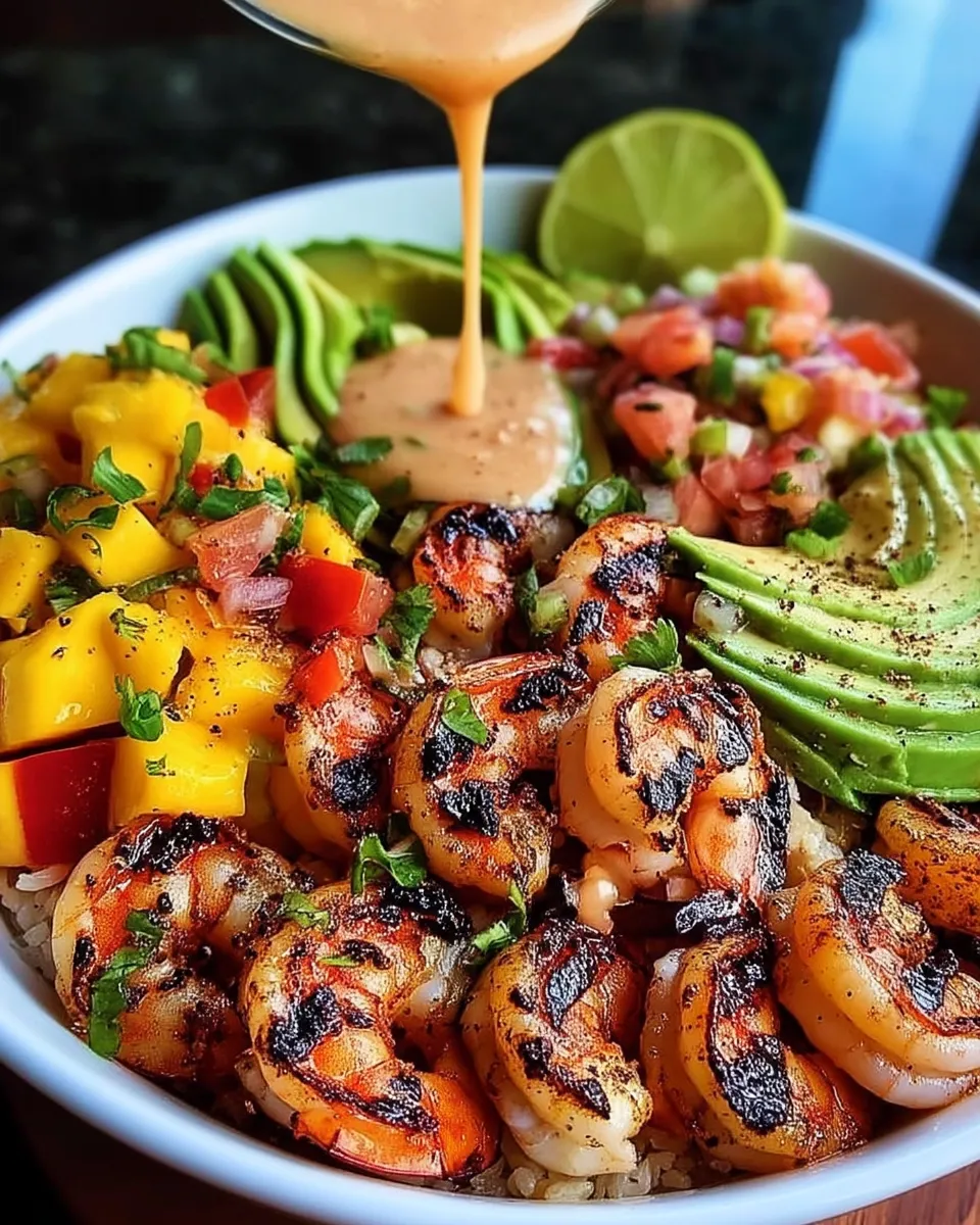 Colorful Mediterranean shrimp and avocado bowls topped with fresh mango salsa and drizzled with zesty lime-chili sauce, served in a white bowl.