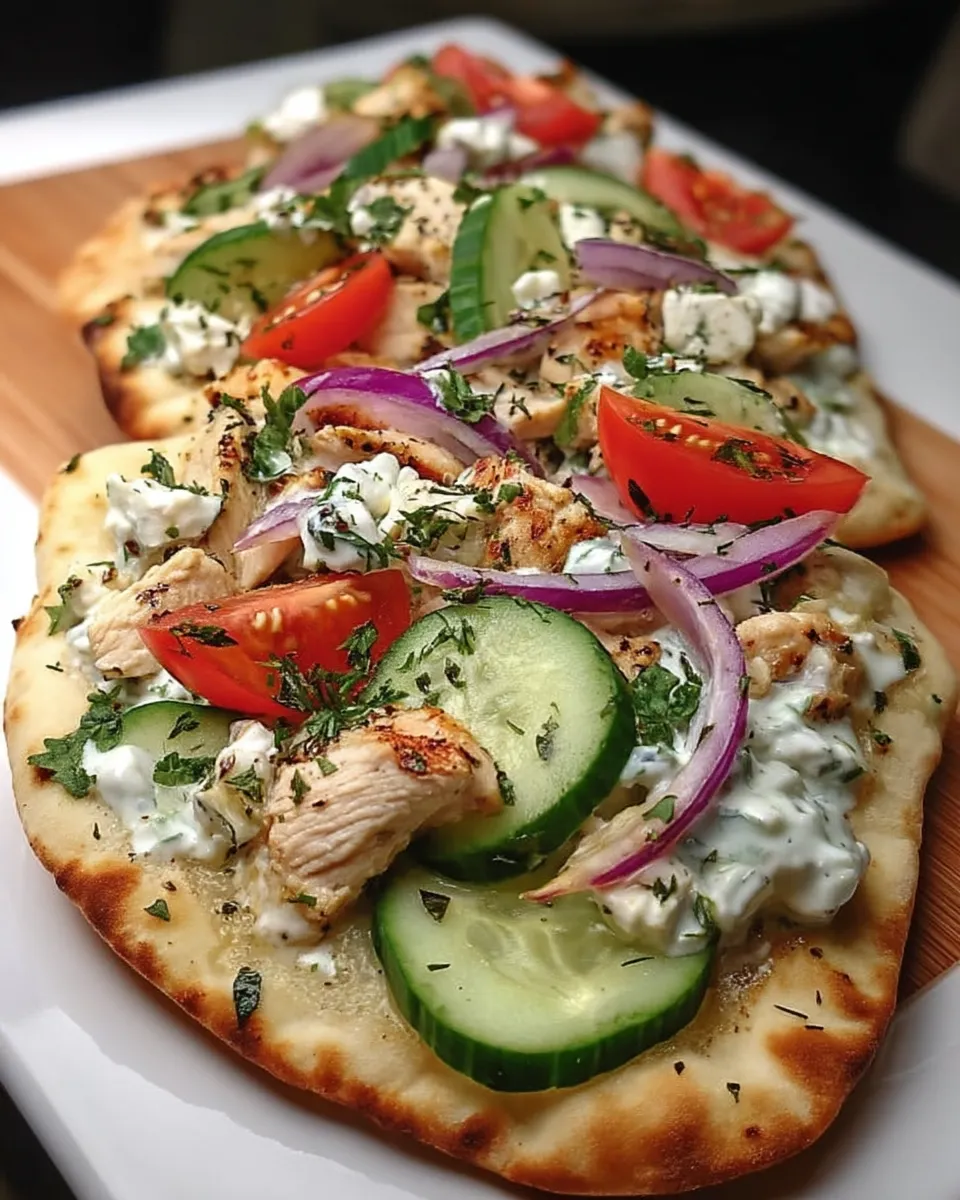 Tzatziki Chicken & Veggie Naan Pizza topped with fresh cucumbers, tomatoes, grilled chicken, and a drizzle of creamy tzatziki sauce on a wooden board.
