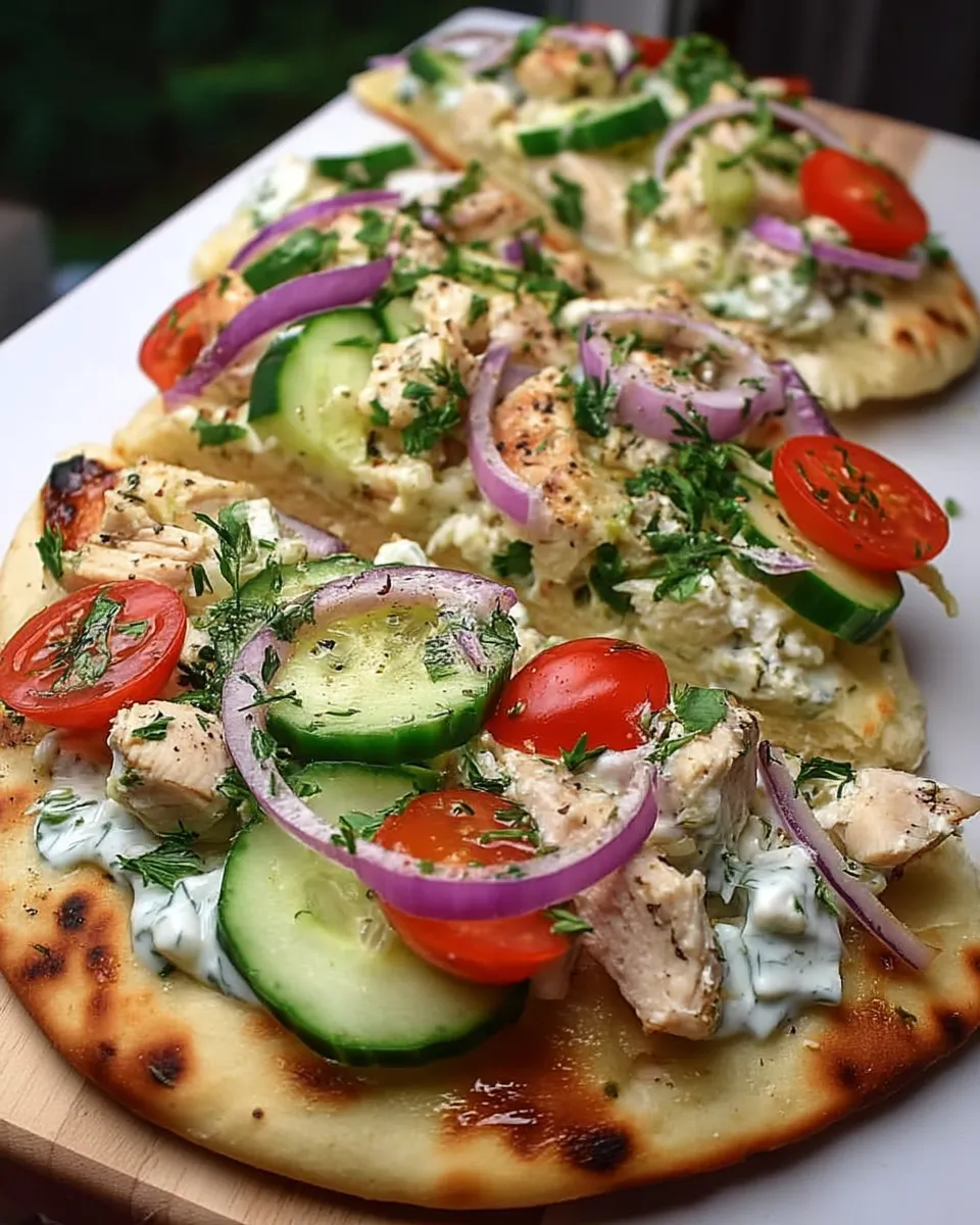 Tzatziki Chicken & Veggie Naan Pizza topped with fresh cucumbers, tomatoes, grilled chicken, and a drizzle of creamy tzatziki sauce on a wooden board.