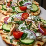 Tzatziki Chicken & Veggie Naan Pizza topped with fresh cucumbers, tomatoes, grilled chicken, and a drizzle of creamy tzatziki sauce on a wooden board.