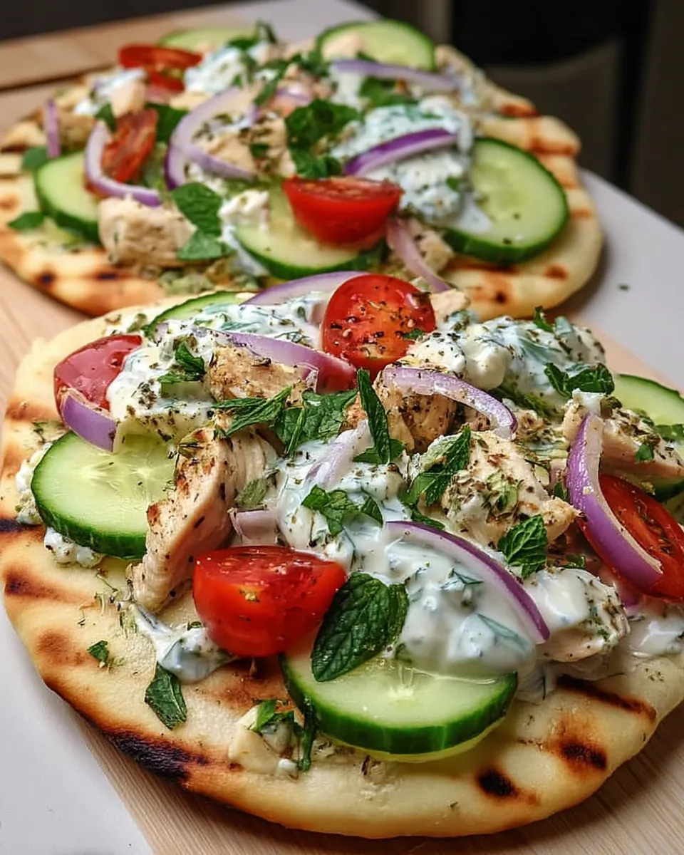 Tzatziki Chicken & Veggie Naan Pizza topped with fresh cucumbers, tomatoes, grilled chicken, and a drizzle of creamy tzatziki sauce on a wooden board.