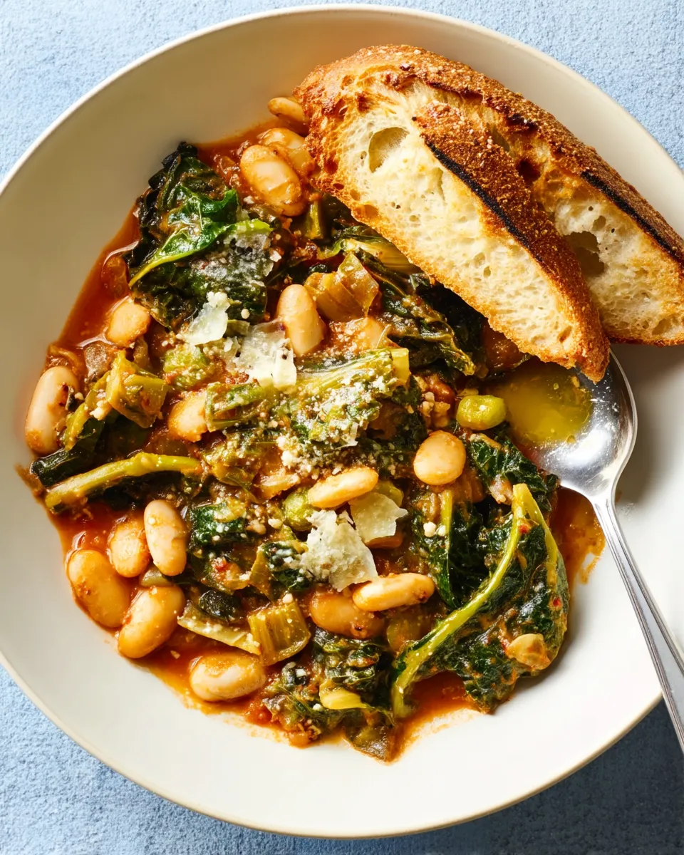 A rustic bowl of Mediterranean white beans and sautéed greens garnished with lemon wedges and fresh herbs.