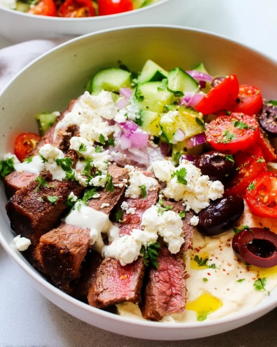Mediterranean steak bowl filled with grilled steak slices, fresh vegetables, herbed couscous, and creamy tzatziki sauce in a rustic ceramic bowl.