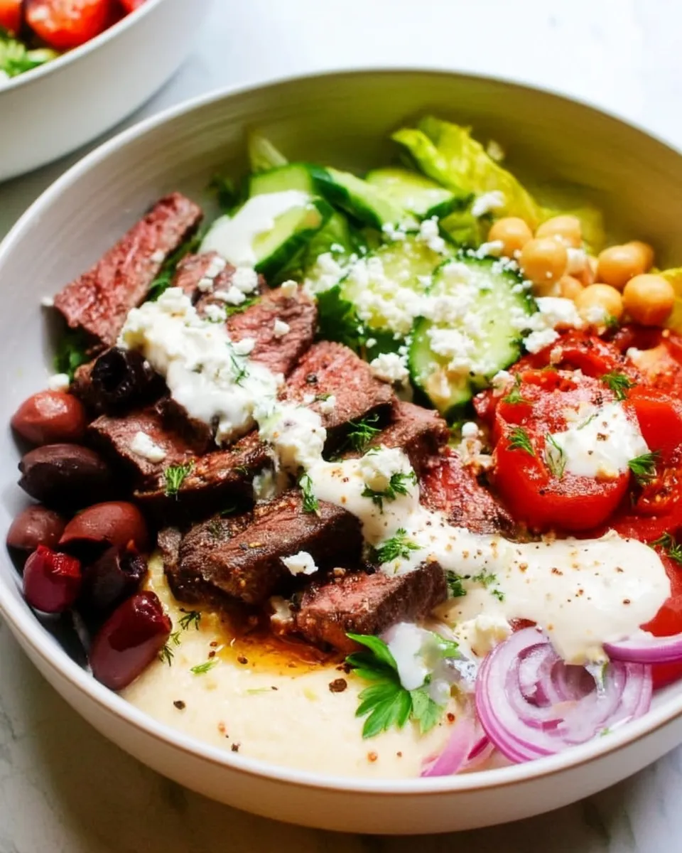 Mediterranean steak bowl filled with grilled steak slices, fresh vegetables, herbed couscous, and creamy tzatziki sauce in a rustic ceramic bowl.
