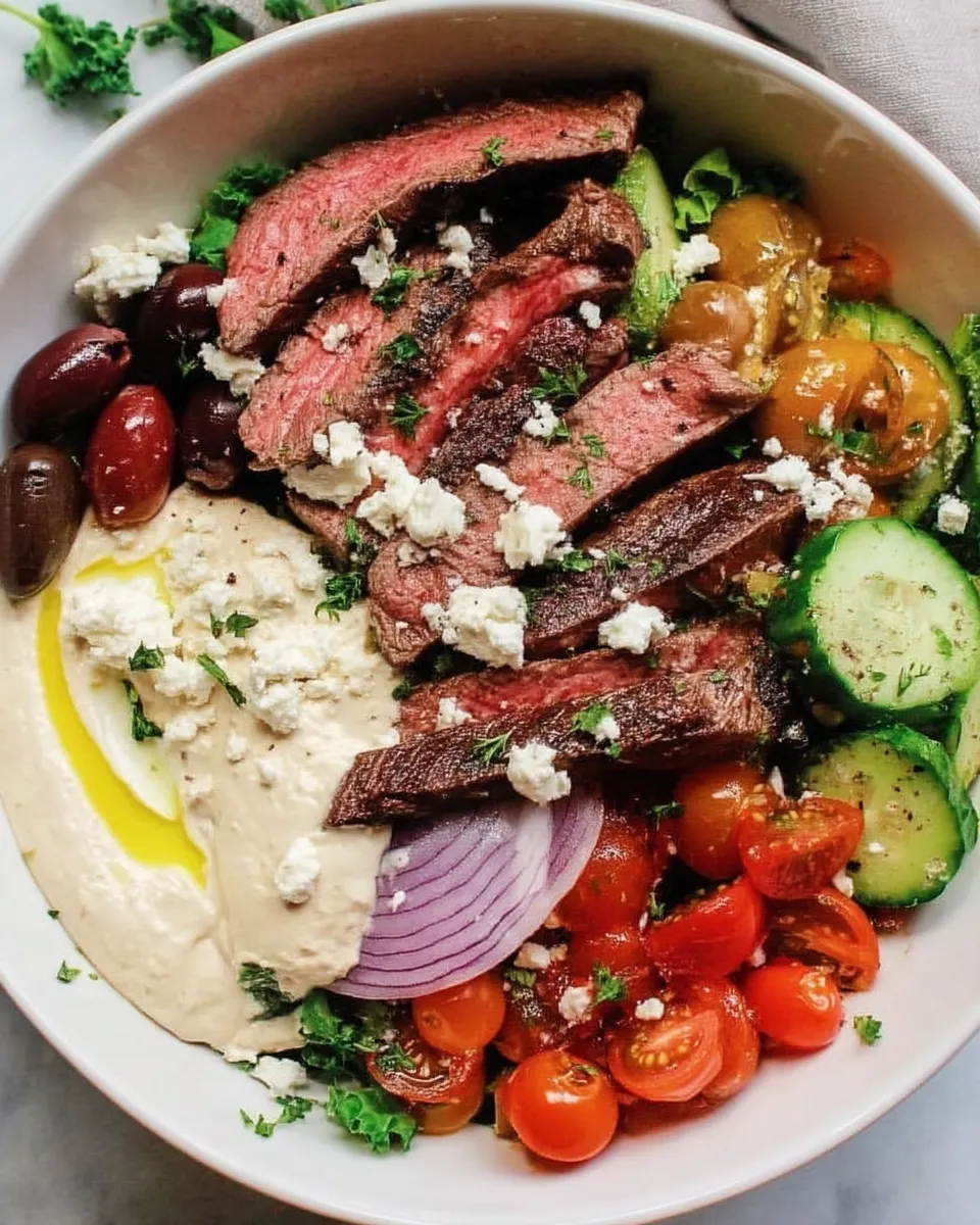 Mediterranean steak bowl filled with grilled steak slices, fresh vegetables, herbed couscous, and creamy tzatziki sauce in a rustic ceramic bowl.
