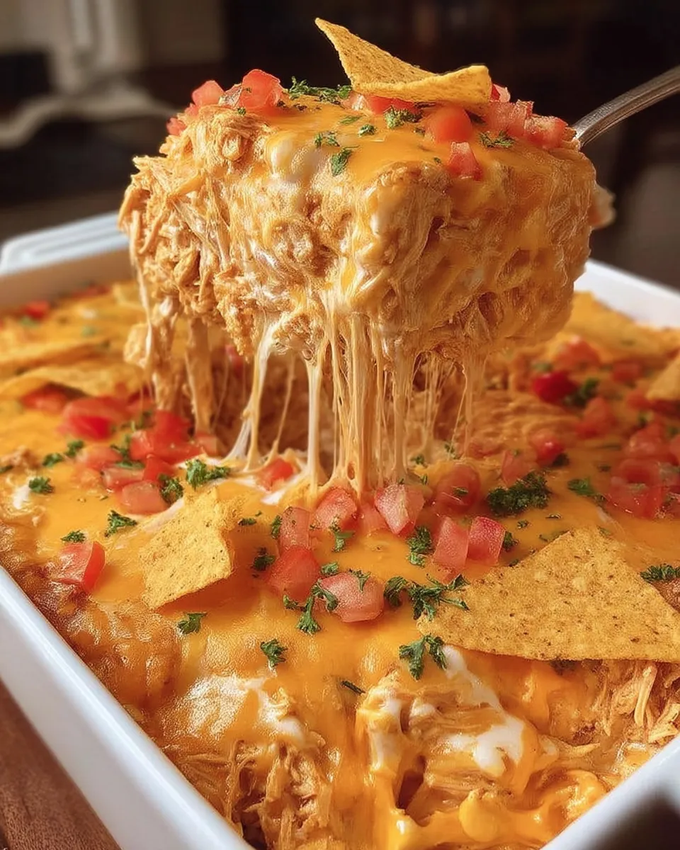A creamy and cheesy Mexican White Trash Casserole served hot in a baking dish, loaded with ground beef, corn, beans, cheese, and crushed tortilla chips.