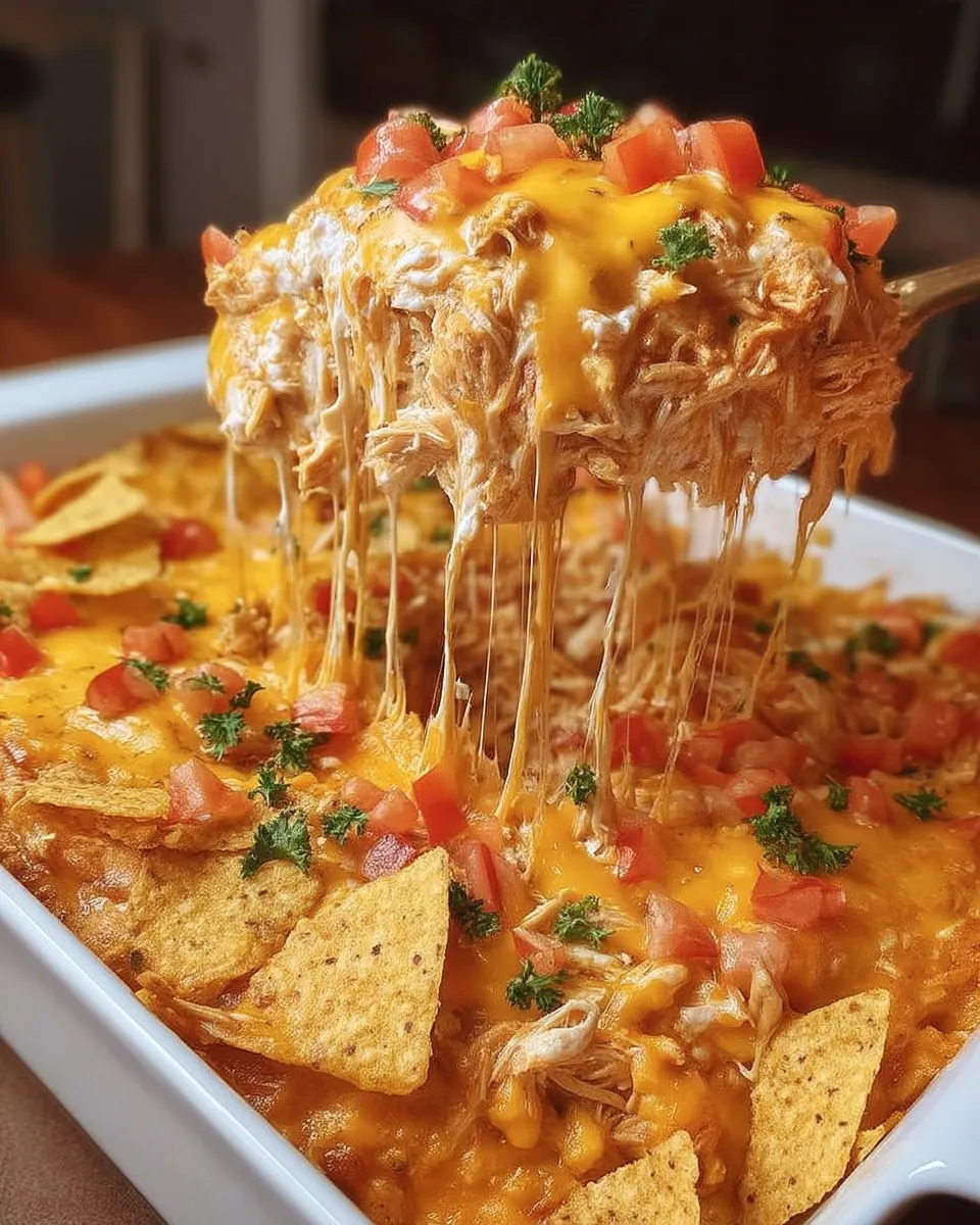 A creamy and cheesy Mexican White Trash Casserole served hot in a baking dish, loaded with ground beef, corn, beans, cheese, and crushed tortilla chips.