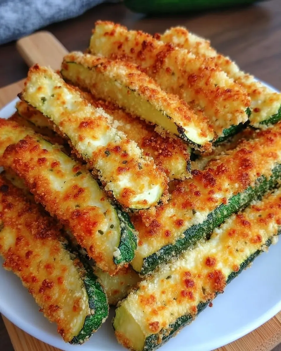 Golden-brown Parmesan zucchini fries stacked on a white plate, served with a side of creamy dipping sauce.