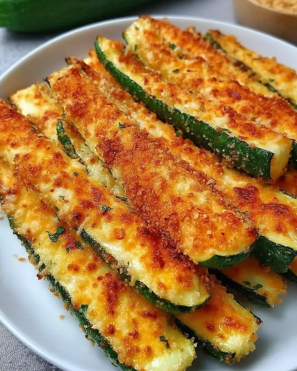Golden-brown Parmesan zucchini fries stacked on a white plate, served with a side of creamy dipping sauce.