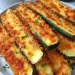 Golden-brown Parmesan zucchini fries stacked on a white plate, served with a side of creamy dipping sauce.