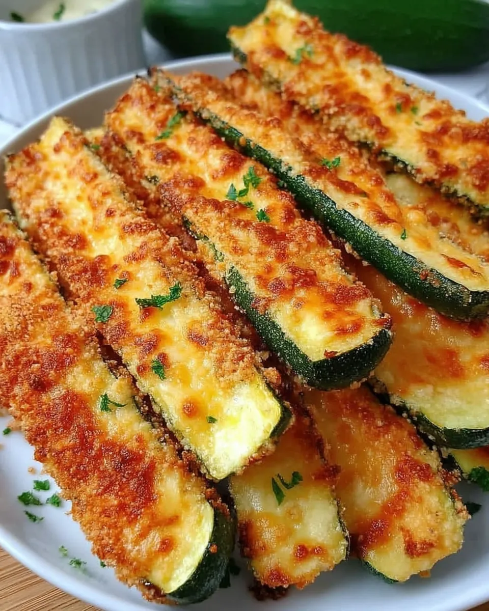 Golden-brown Parmesan zucchini fries stacked on a white plate, served with a side of creamy dipping sauce.