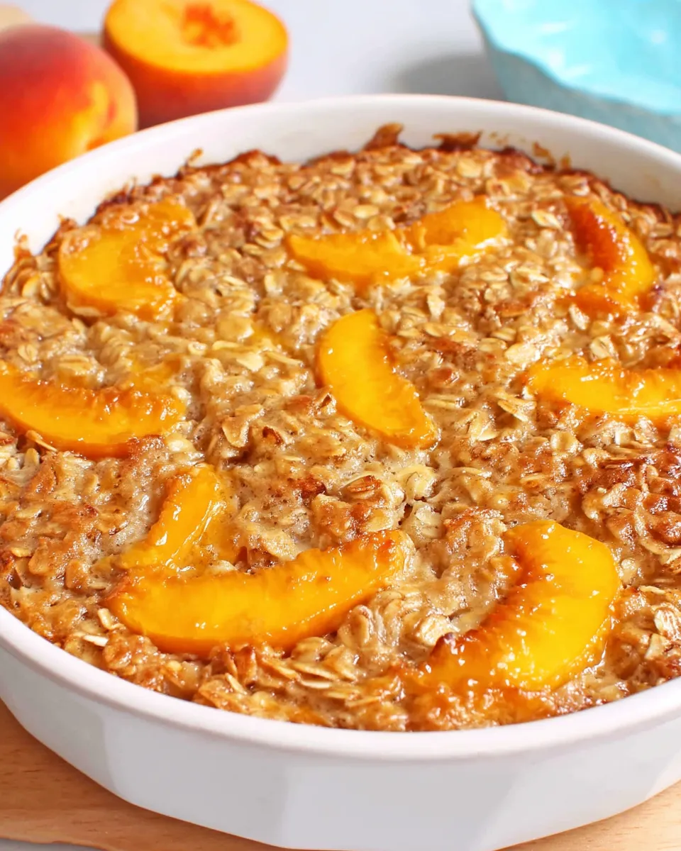 A close-up of peach baked oatmeal in a white ceramic dish, topped with golden, caramelized peach slices and crispy oats.