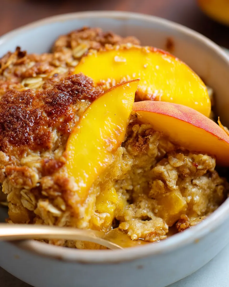A close-up of peach baked oatmeal in a white ceramic dish, topped with golden, caramelized peach slices and crispy oats.