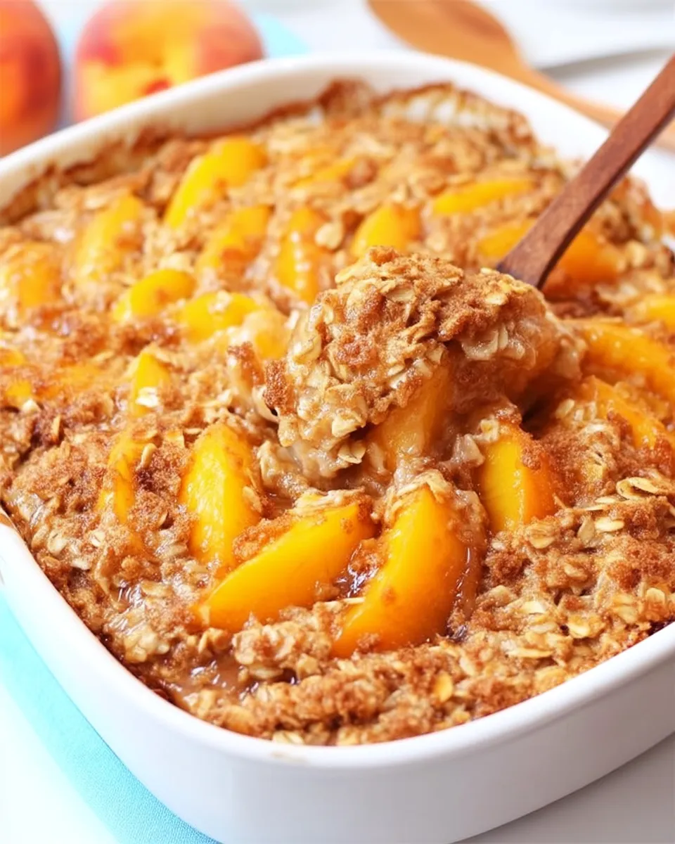 A close-up of peach baked oatmeal in a white ceramic dish, topped with golden, caramelized peach slices and crispy oats.