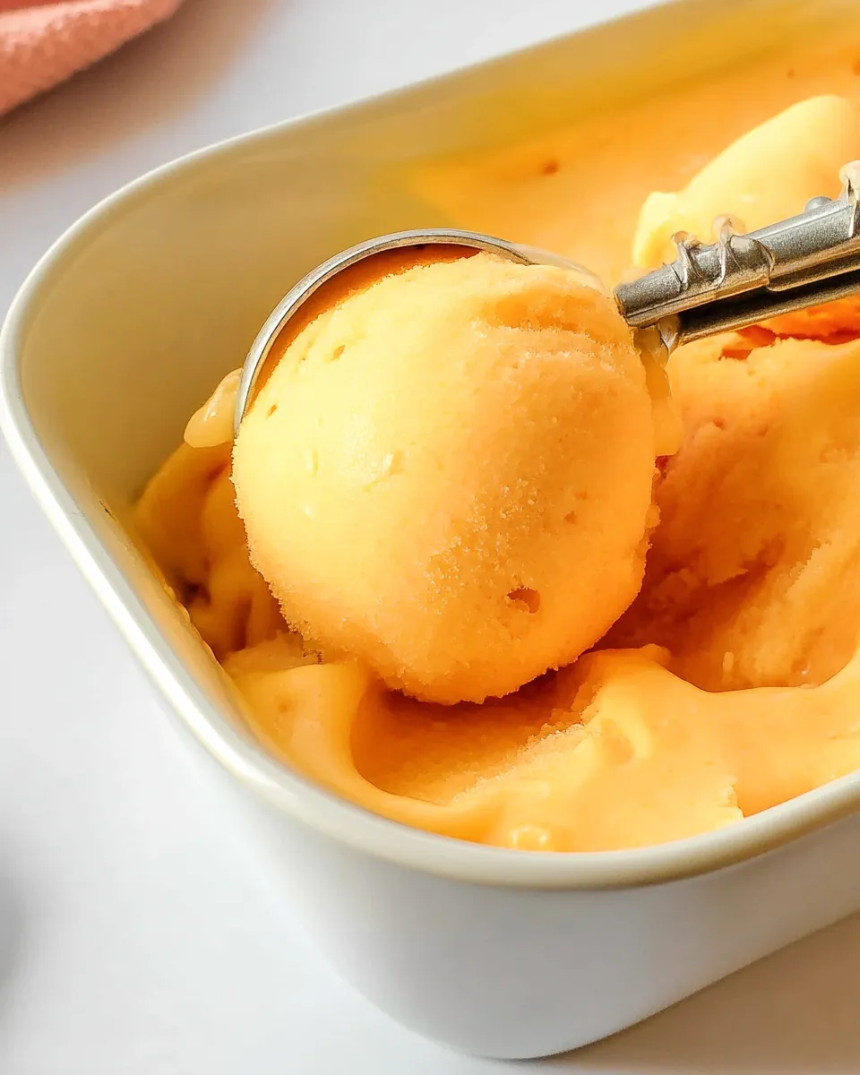A bowl of homemade peach sorbet, creamy and vibrant, garnished with fresh peach slices and mint leaves, served in a white dish.