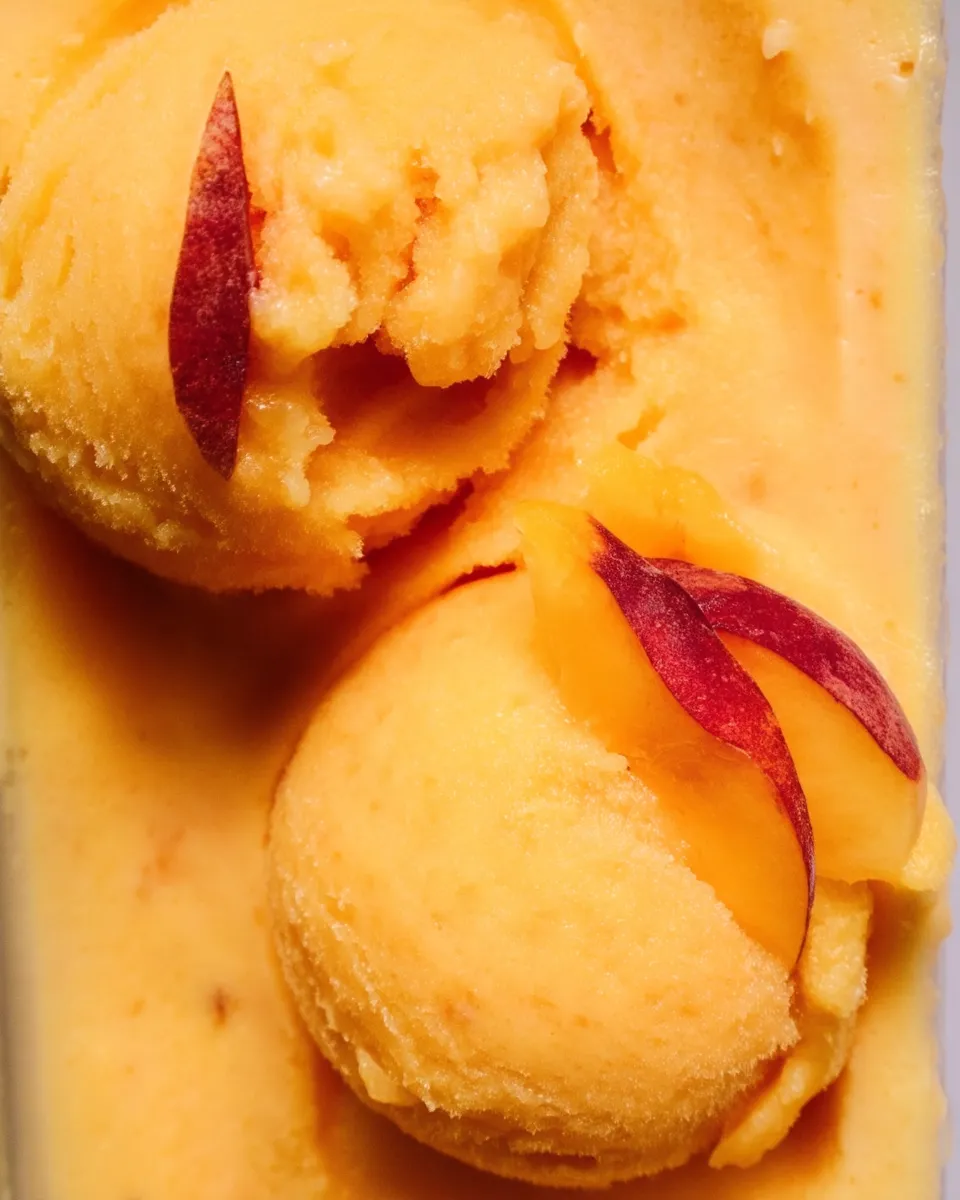 A bowl of homemade peach sorbet, creamy and vibrant, garnished with fresh peach slices and mint leaves, served in a white dish.