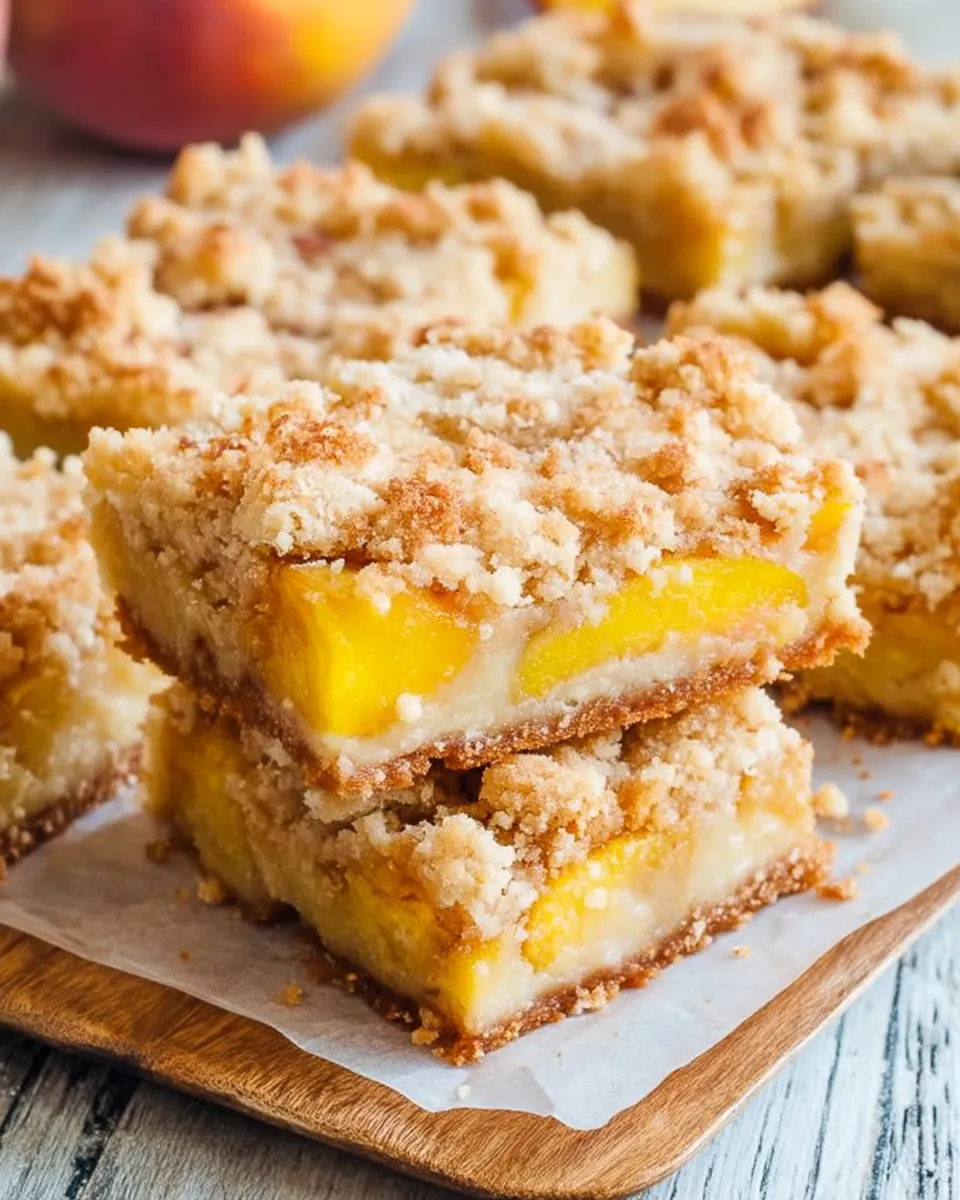 A close-up of golden-baked Peaches and Cream Crumble Bars with a buttery crust, creamy peach filling, and crumbly topping, served on a rustic plate.