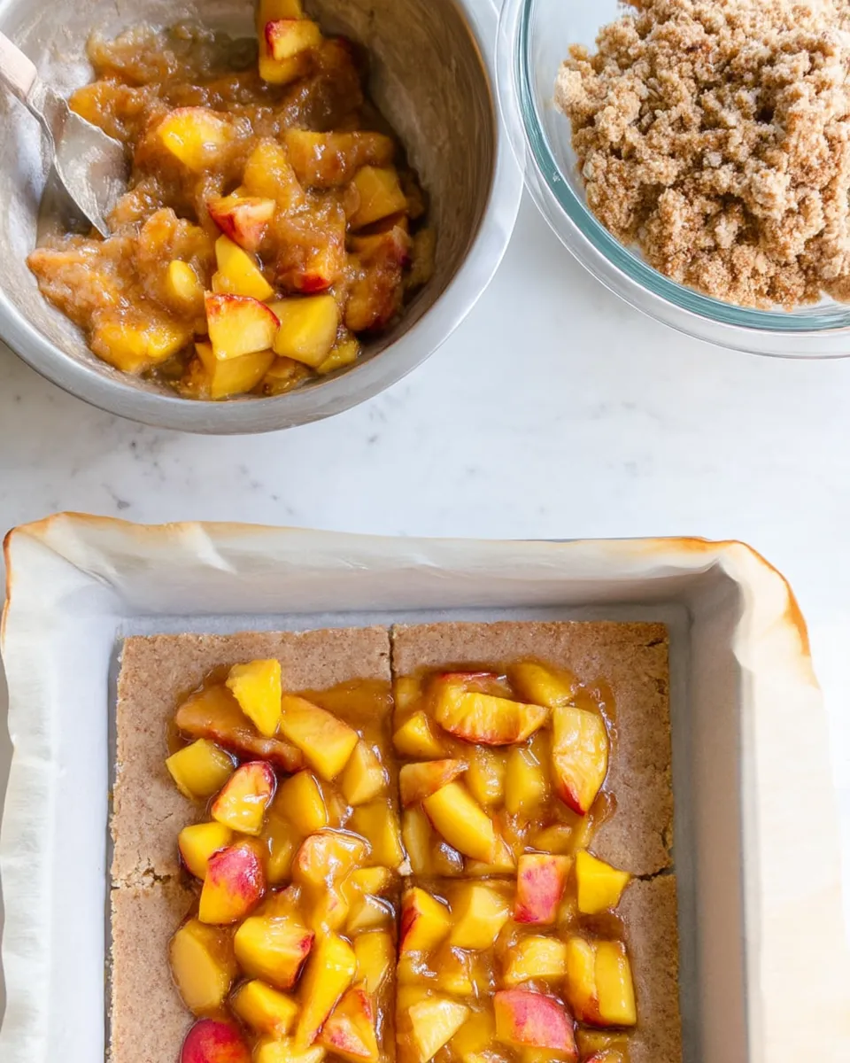 A close-up of golden-baked Peaches and Cream Crumble Bars with a buttery crust, creamy peach filling, and crumbly topping, served on a rustic plate.
