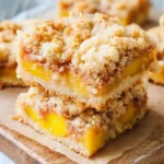 A close-up of golden-baked Peaches and Cream Crumble Bars with a buttery crust, creamy peach filling, and crumbly topping, served on a rustic plate.