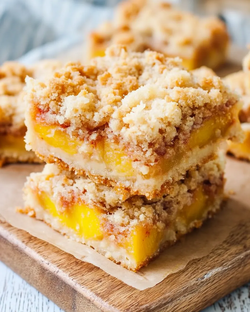 A close-up of golden-baked Peaches and Cream Crumble Bars with a buttery crust, creamy peach filling, and crumbly topping, served on a rustic plate.