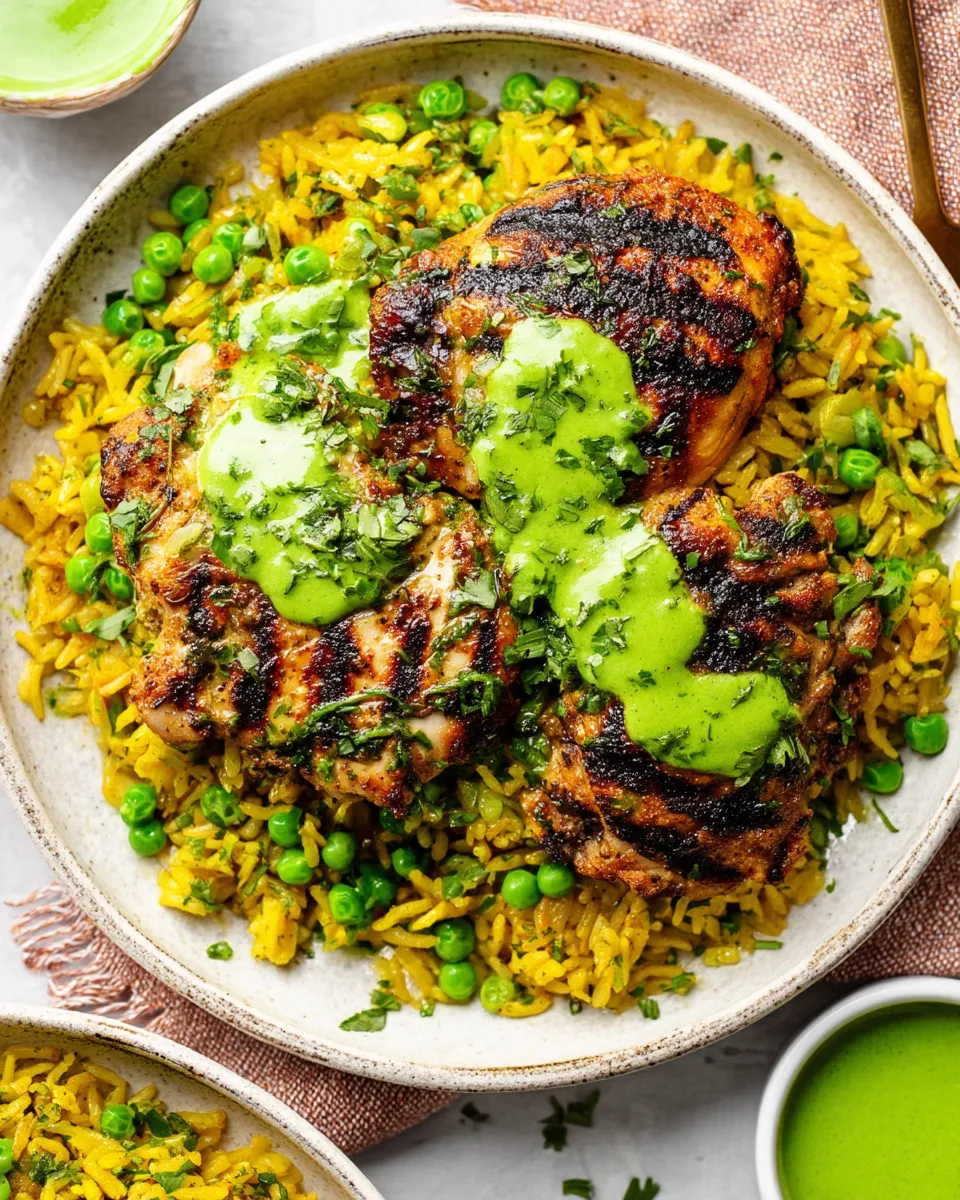 Peruvian-style chicken and rice served with vibrant green sauce, garnished with fresh herbs and lime wedges on a white plate.