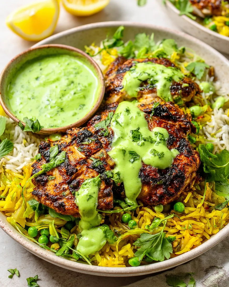 Peruvian-style chicken and rice served with vibrant green sauce, garnished with fresh herbs and lime wedges on a white plate.