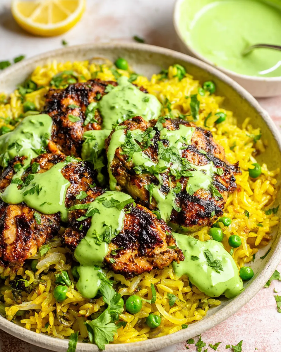 Peruvian-style chicken and rice served with vibrant green sauce, garnished with fresh herbs and lime wedges on a white plate.