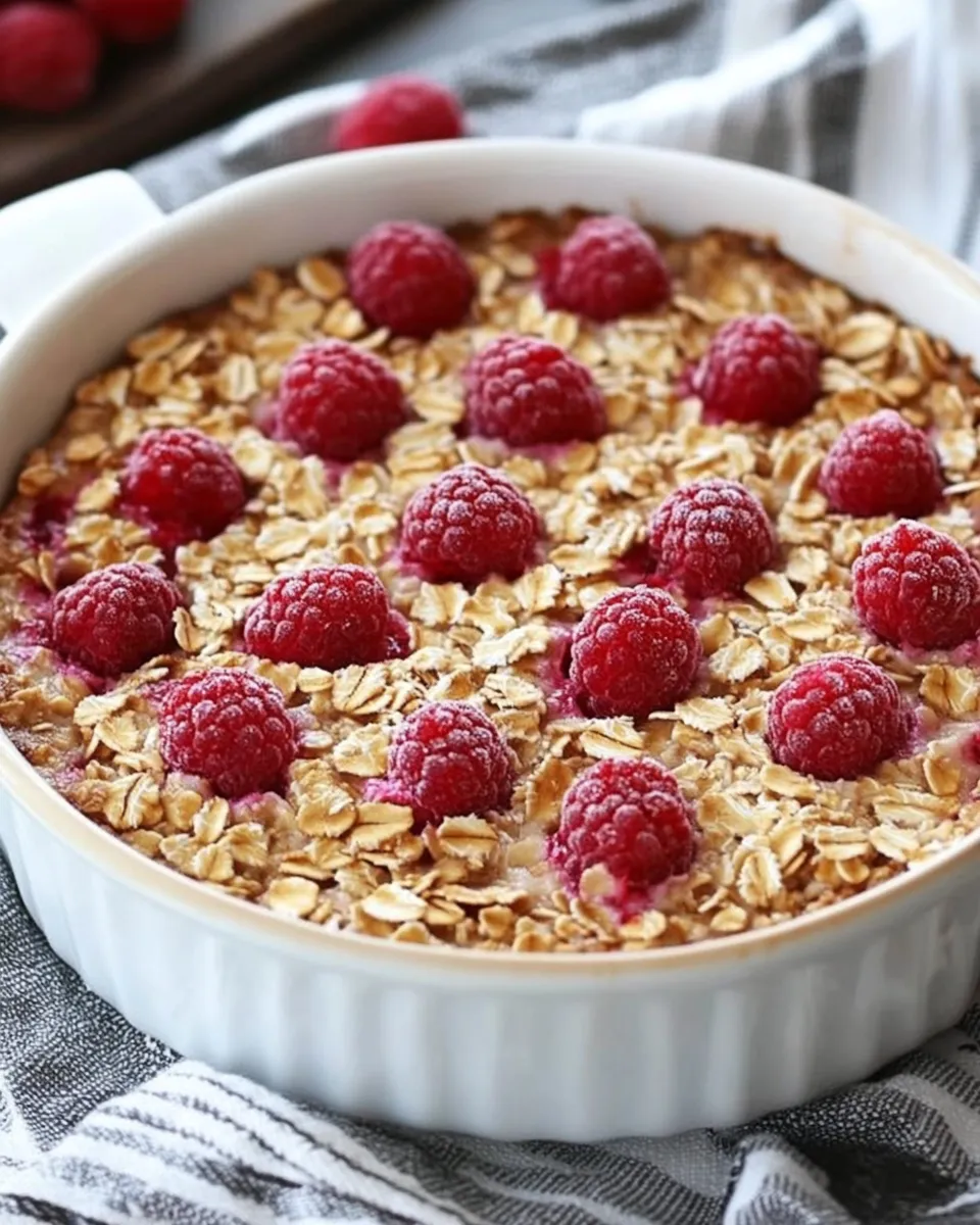 Overnight raspberry baked oatmeal in a white ceramic dish, topped with fresh raspberries and golden oats.
