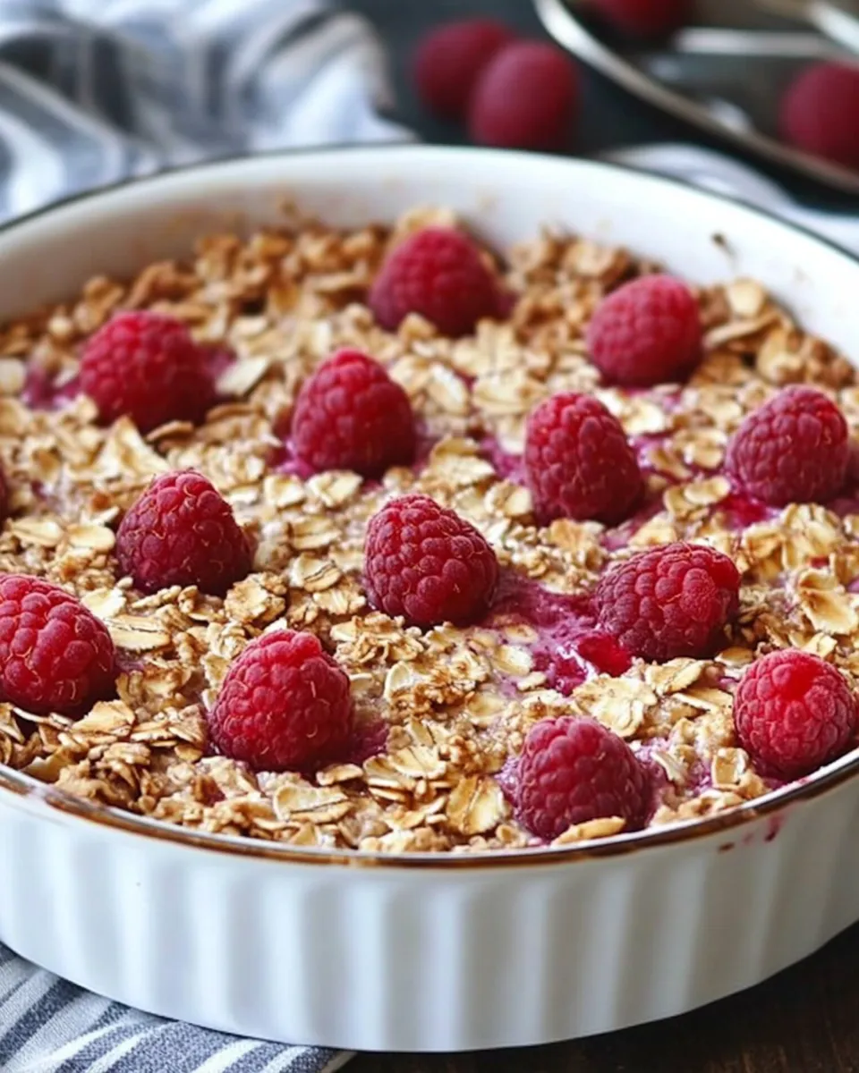 Overnight raspberry baked oatmeal in a white ceramic dish, topped with fresh raspberries and golden oats.