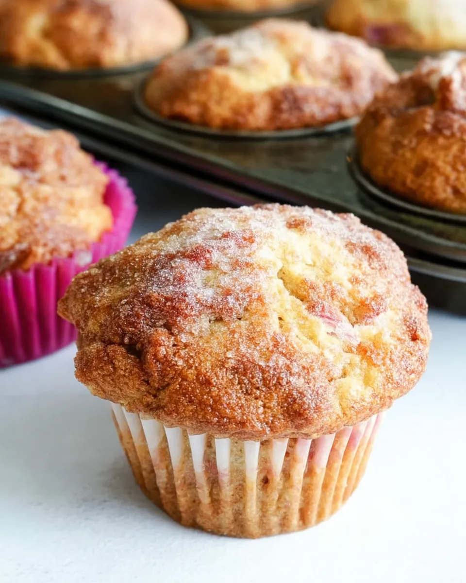 Freshly baked rhubarb muffins with Greek yogurt, showing golden-brown tops with cinnamon sugar crust and pink rhubarb pieces visible in the moist muffin crumb.