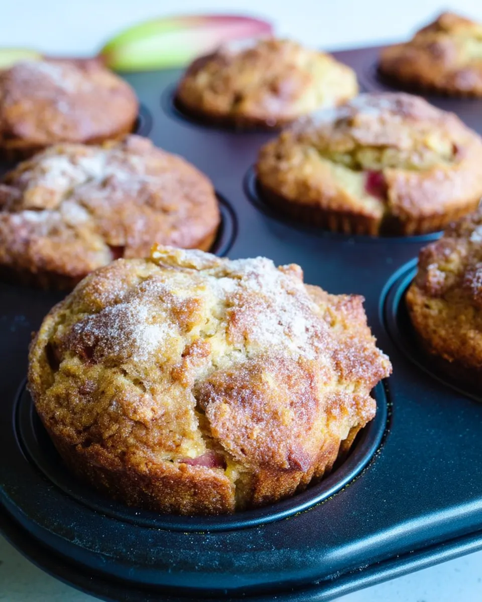 Freshly baked rhubarb muffins with Greek yogurt, showing golden-brown tops with cinnamon sugar crust and pink rhubarb pieces visible in the moist muffin crumb.