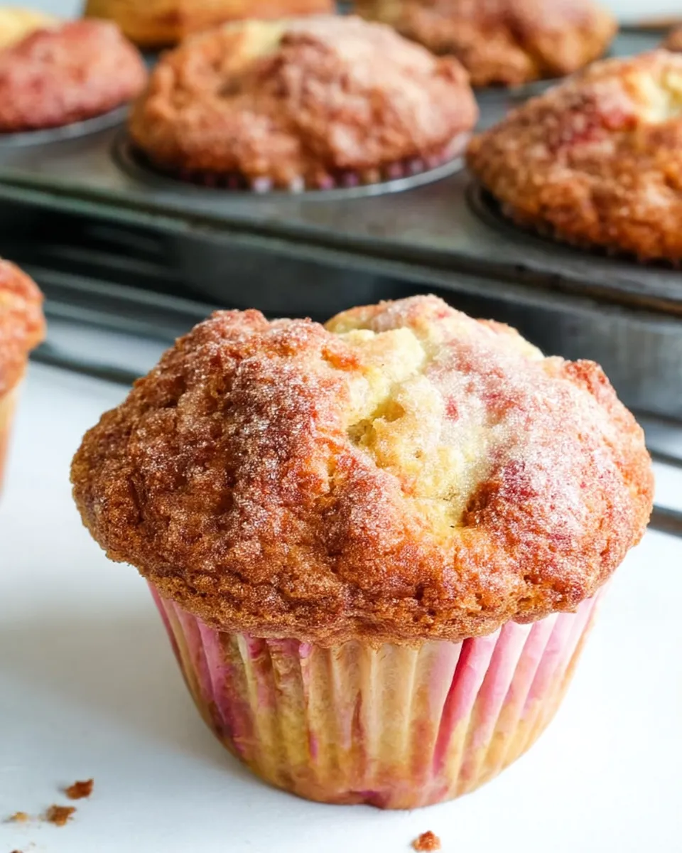 Freshly baked rhubarb muffins with Greek yogurt, showing golden-brown tops with cinnamon sugar crust and pink rhubarb pieces visible in the moist muffin crumb.