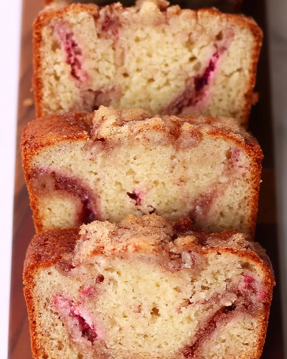 Freshly baked rhubarb bread loaf sliced and served on a wooden board, showing moist texture and pink rhubarb specks.